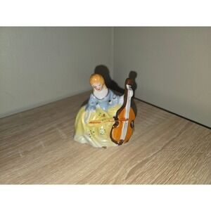 Vintage Occupied Japan Porcelain Figurine Woman Playing Cello Yellow Blue Dress